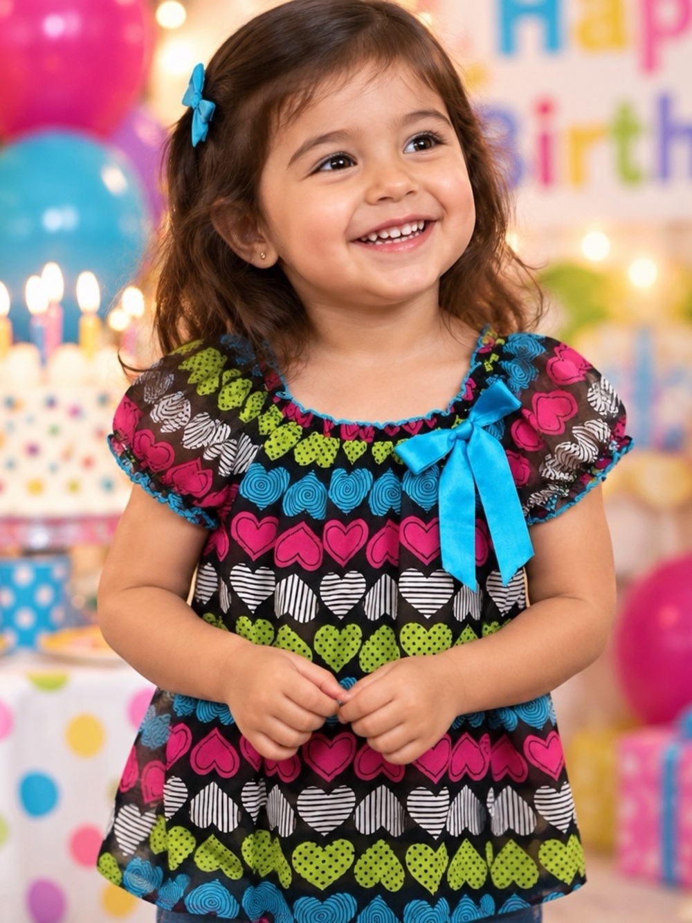 Tempted Girls Size 4 Top Girls Multicolor Heart Print Short Sleeve With Blue Bow